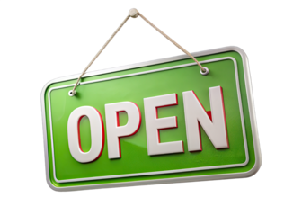 A green, rectangular signboard with the word OPEN in white letters with red outlines. The signboard is hanging from a string and is isolated on a white background. Generative AI