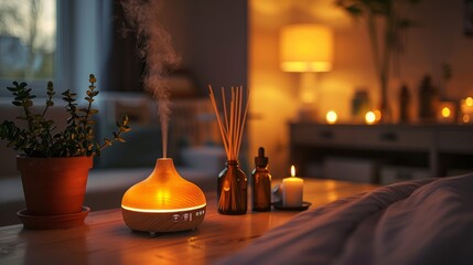 Cozy Bedroom with Aromatherapy Diffuser and Warm Lighting