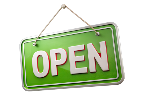 A green, rectangular signboard with the word OPEN in white letters with red outlines. The signboard is hanging from a string and is isolated on a white background. Generative AI