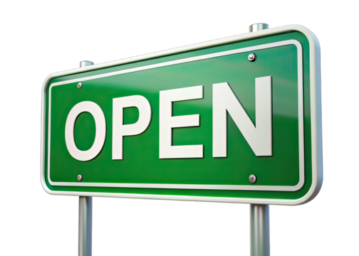 A green signboard with white lettering, displaying the word OPEN, isolated on a white background. Generative AI