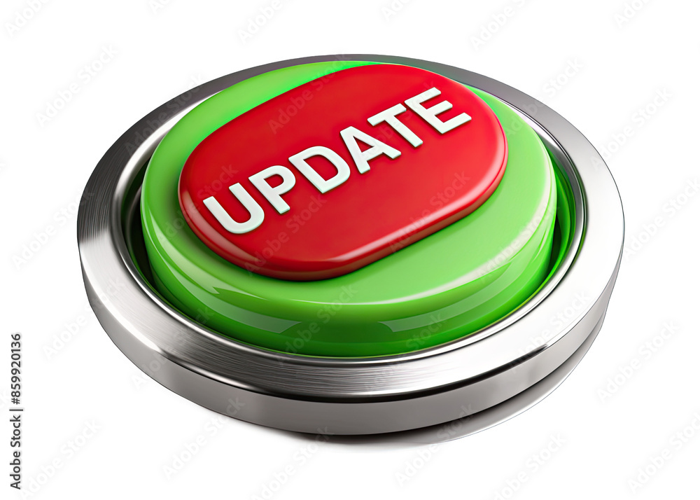 Wall mural a close-up photograph of a red button with the word update in white lettering, surrounded by a green