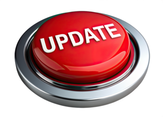 A close-up image of a red, circular button with a silver rim, featuring the word UPDATE in white lettering. The button is isolated on a white background. Generative AI