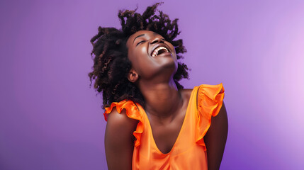 Blissful black woman in summer dress laughing on violet background Adorable african girl in orange outfit posing with happy face expression : Generative AI