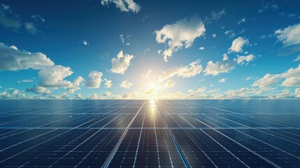 Realistic image of a solar farm with rows of panels stretching into the horizon, bright sunny day, illustration background