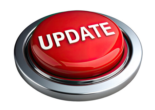 A close-up image of a red, circular button with a silver rim, featuring the word UPDATE in white lettering. The button is isolated on a white background. Generative AI