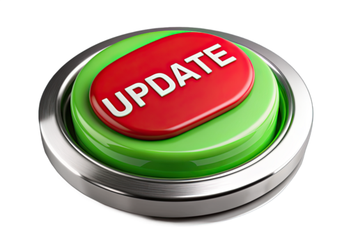 A close-up photograph of a red button with the word UPDATE in white lettering, surrounded by a green outer ring and a silver bezel. The button is isolated against a white background. Generative AI