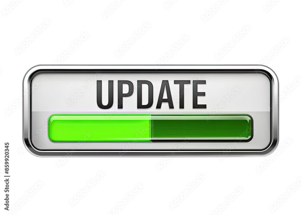 Fototapete a close-up of a silver button with the word update in black text and a green progress bar, isolated 