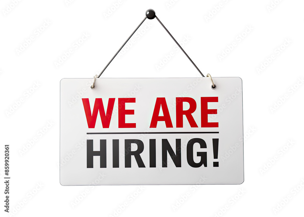 Wall mural a white sign with red and black text reading we are hiring! is hanging from black string against a w