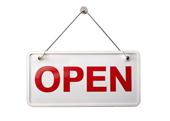 A white rectangular sign hangs from a string, displaying the word OPEN in bold red letters. The sign is isolated against a white background. Generative AI