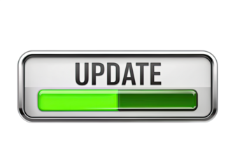 A close-up of a silver button with the word UPDATE in black text and a green progress bar, isolated on a white background. Generative AI