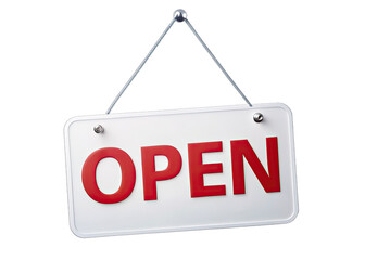 A white sign with the word OPEN in red lettering is hanging from a silver chain against a white background. Generative AI