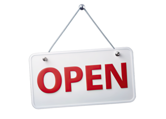 A white sign with the word OPEN in red lettering is hanging from a silver chain against a white background. Generative AI