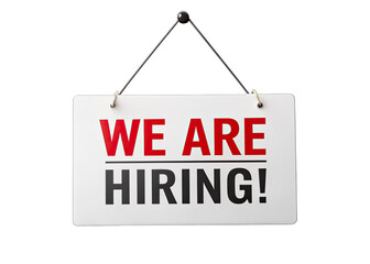 A white sign with red and black text reading We Are Hiring! is hanging from black string against a white background. Generative AI