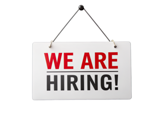 A white sign with red and black text reading We Are Hiring! is hanging from black string against a white background. Generative AI