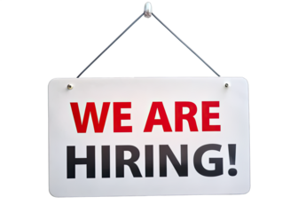 A white hanging sign with red and black text reads We Are Hiring! against a white background. Generative AI