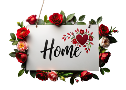 A white hanging sign with the word Home written in black calligraphy. The sign is decorated with red roses and a heart. Generative AI