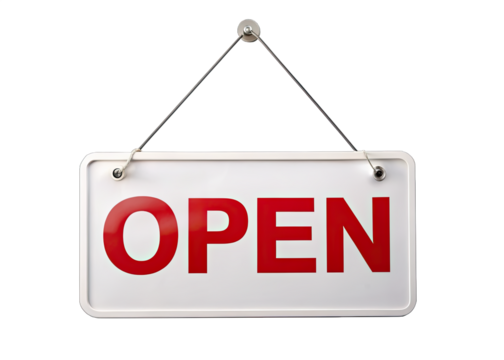 A white rectangular sign hangs from a string, displaying the word OPEN in bold red letters. The sign is isolated against a white background. Generative AI - Powered by Adobe
