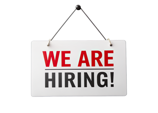 A white sign with red and black text reading We Are Hiring! is hanging from black string against a white background. Generative AI