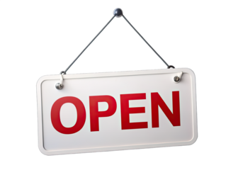 A white sign with red lettering, displaying the word OPEN, is hanging on a silver chain against a white background. Generative AI