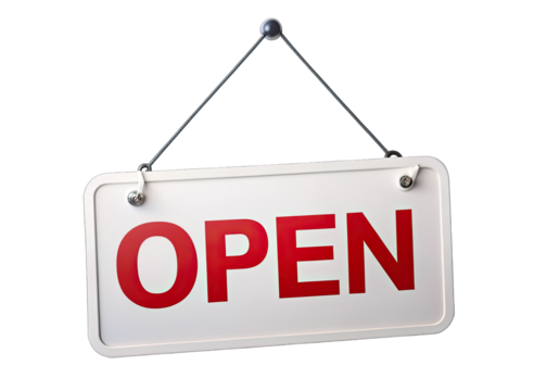 A white sign with red lettering, displaying the word OPEN, is hanging on a silver chain against a white background. Generative AI