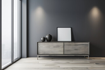 Stylish Living room composition in grey neutral tones with minimal furniture and natural window lighting. Residential Real Estate mockup composition for advertising.