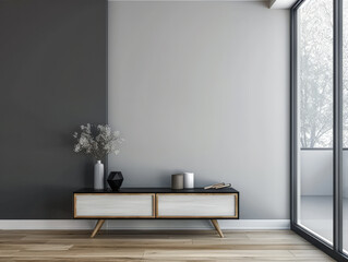 Stylish Living room composition in grey neutral tones with minimal furniture and natural window lighting. Residential Real Estate mockup composition for advertising.