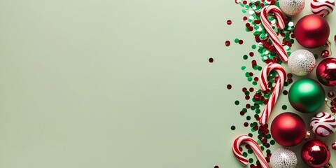 Fototapeta premium Candy canes, red and green ornaments, and confetti on a light green background. Christmas holiday greeting card template. Top view, flat lay, copy space