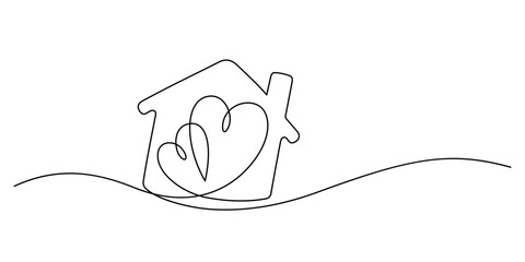 sweet home with couple heart continuous line drawing