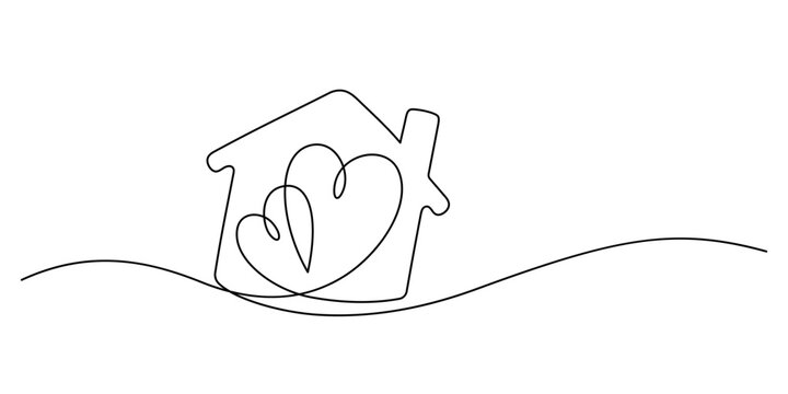 sweet home with couple heart continuous line drawing