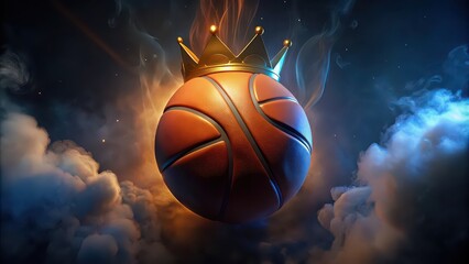 A basketball with a crown on top set against a dark, smoky background , basketball, crown, sport, competition, winner, victory, symbol, success, royalty, championship, game, triumph