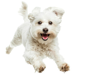 Full body shot of Maltese dog, running happily, smiling.