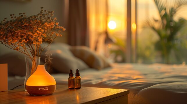 Warm Cozy Morning: Bedroom Interior with Essential Oil Diffuser and Sunlight