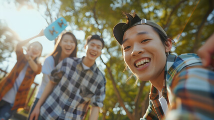 asian skater showing rock sign near excited friends taking selfie outdoors : Generative AI