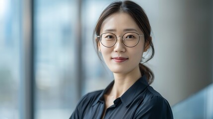 Fototapeta premium Portrait of an Asian business woman in her office, looking at the camera with a smile and wearing glasses while standing against a blurred window background. A young Korean female professional worker 