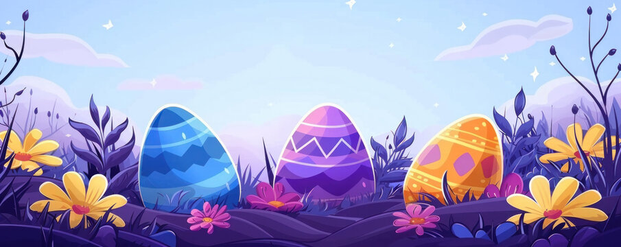 A field of flowers with three eggs in the foreground. The eggs are blue, yellow, and purple
