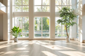 Fototapeta premium Bright sunlit room with large windows and indoor plants