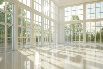 Bright spacious room with large windows and sunlight