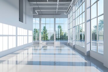 Bright spacious empty office with large windows and reflections