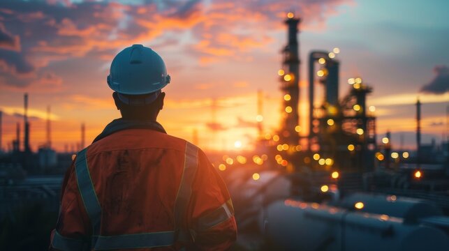Engineer observing refinery plant at sunset
