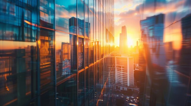 Modern cityscape reflected in glass windows at sunset