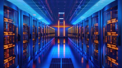 Fototapeta premium Server Room with Blue and Orange Lights