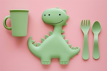 Naklejka premium Eco-friendly childrens dining set. Green dinosaur-shaped plate, spoon, fork, and cup on a pink backdrop. Ideal for online stores selling sustainable kids products