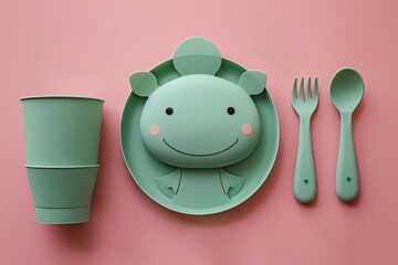 Eco-friendly childrens dining set. Green dinosaur-shaped plate, spoon, fork, and cup on a pink backdrop. Ideal for online stores selling sustainable kids products