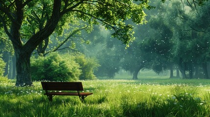 Obraz premium Wooden bench in lush green forest clearing