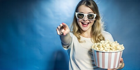 Obraz premium Woman laughing with popcorn at theater
