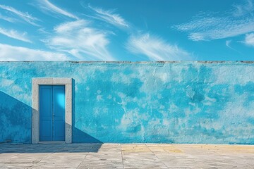 Bright blue door on textured wall under sky