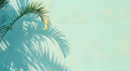 Palm leaf shadows on pastel blue background, summer vibe