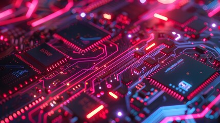 Fototapeta premium Close-Up of Neon-Lit Microchip Circuit Interior of a Computer in Detailed Circuit Board Generative AI