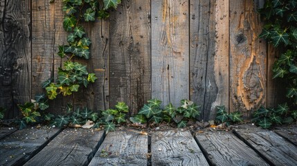 Aged wooden boards and fuzzy foliage for product display or natural background