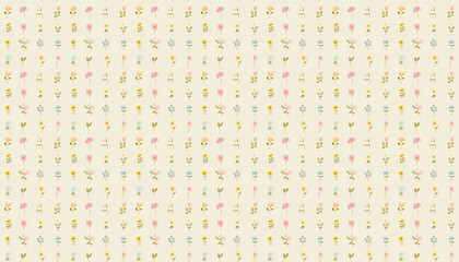 A pattern that features small flowers in square in pastel colors on off white linen fabric, each grid contains one flowers from various varieties
